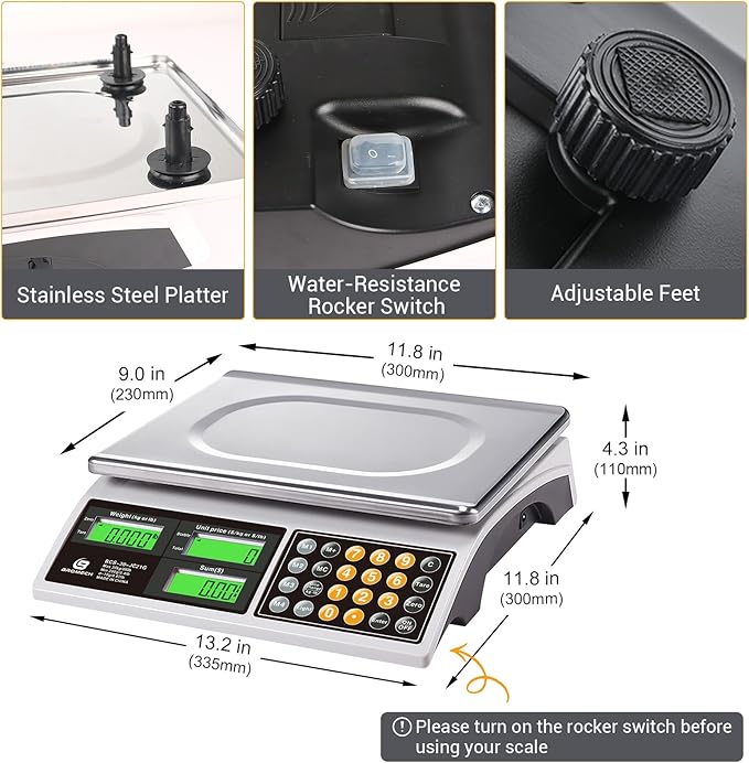 Price Computing Scale, 66lb Digital Commercial Food Meat Produce Weighing Scale with Green Backlight LCD for Farmers Market, Retail Outlets, Dry Battery Powered, Not for Trade