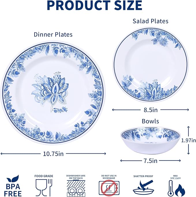 Melamine Dinnerware Sets-12pcs Floral Dinnerware Set Service for 4, Blue White Plates and Bowls Sets, Dishwasher Safe, Break-resistant, Outdoor Camping Picnics Use, Reusable, Traditional Flower