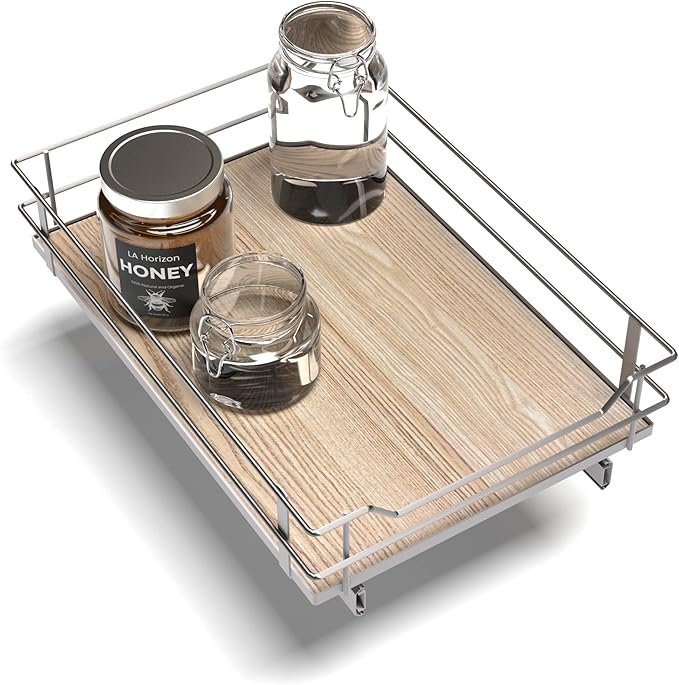 Home Zone Living Pull Out Kitchen Cabinet Organizer with Slide Out Drawer for Space Saving Storage, 14”W x 21”L, Satin Nickel Light Brown Wood Finish