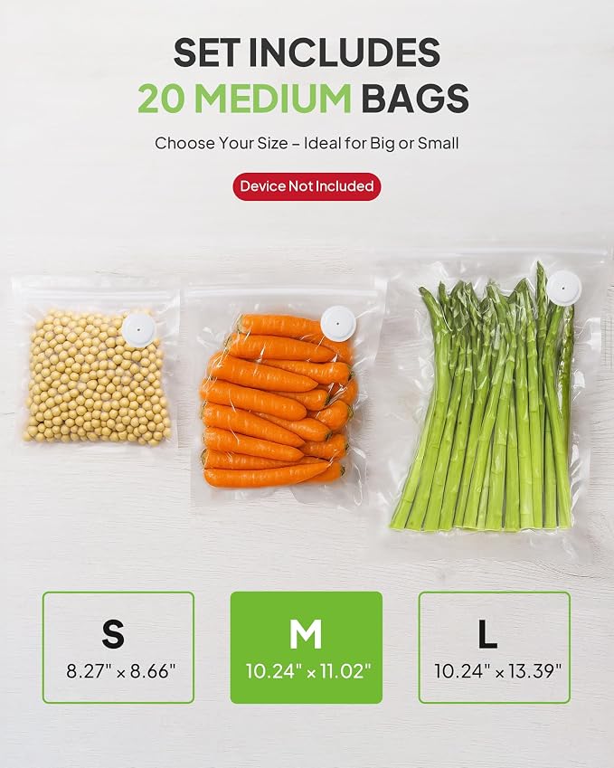 Reusable Vacuum Sealer Bags 20-Pack (Medium 10x11 in) - BPA-Free Double-Seal Leakproof | Compatible with TUITUITA & Major Sealers | Freezer/Microwave/Dishwasher Safe