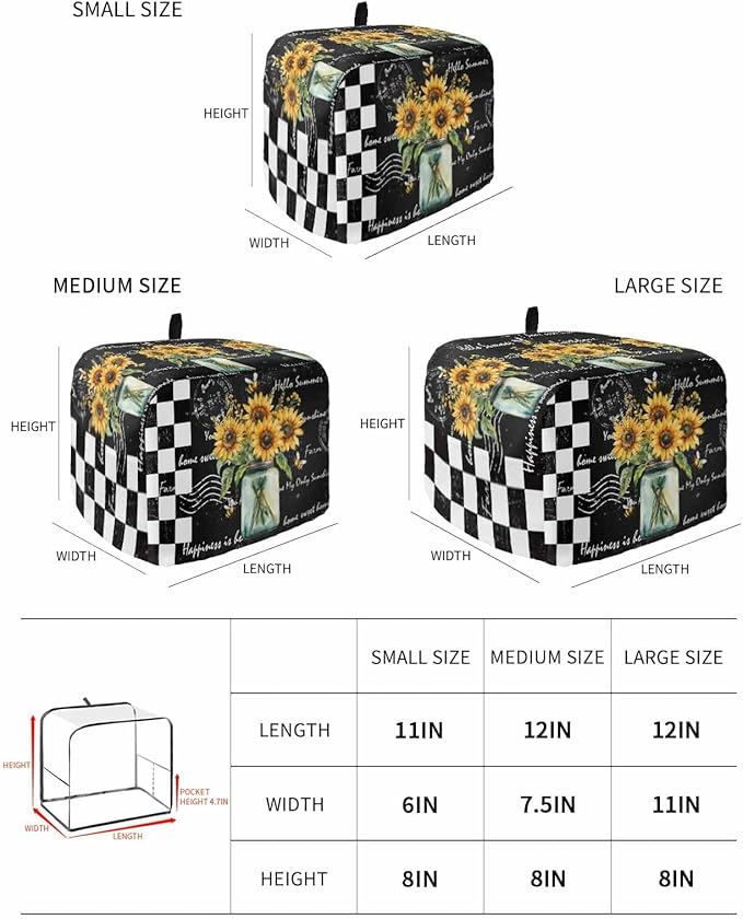 Sunflower Vintage Toaster Cover 2 Slice, Farmhouse Floral Dustproof Bakeware Oven Protector with Top Hook, Black Checkered Waterproof Small Kitchen Appliance Toasters Dust Cover, 11"x6"x8"