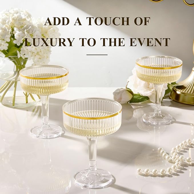 Goodluck 4-Tier Champagne Tower Glasses - 20 PCS 7oz Clear Plastic Champagne Flutes, Plastic Coupe Glasses with Vertical Stripes for Weddings, Celebrations, Parties & Birthdays(Gold Rim)