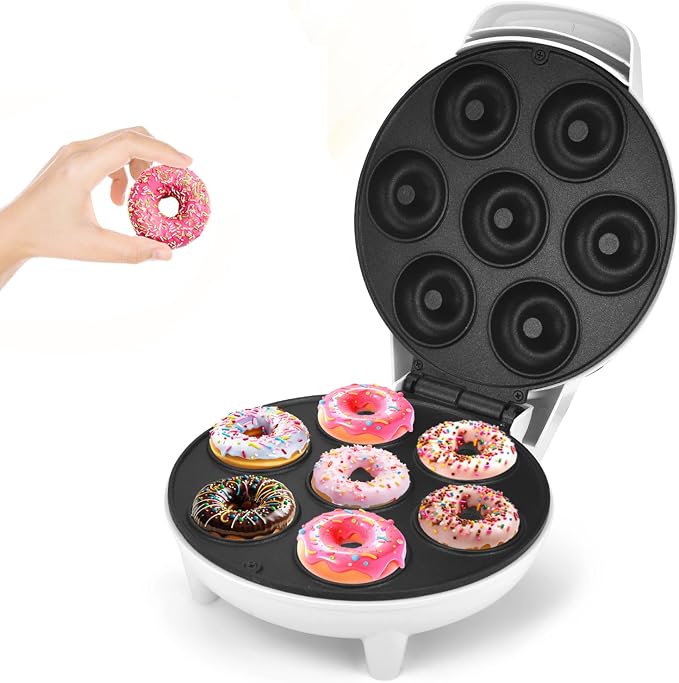 DSP Mini Donut Maker - Non-Stick, 7 Donuts, Cool-Touch | Quick 3-Min Baking, Indicator Lights, Easy Wipe-Clean, Breakfast/Snacks/Desserts