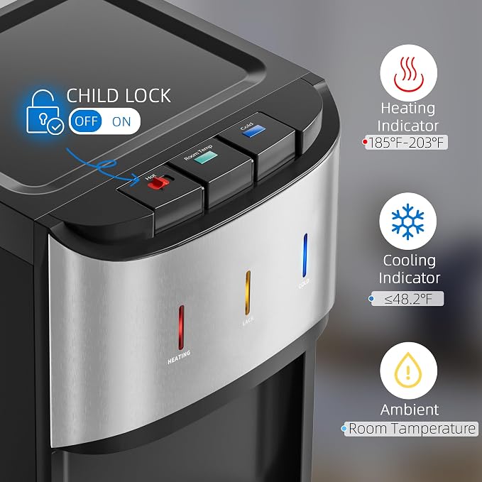 Manastin Bottom Loading Water Cooler Dispenser for 3-5 Gallon Bottles, 3 Temperature - Hot, Cold & Room Water with Child Lock, Ideal Design for Home & Office, Satin Silver