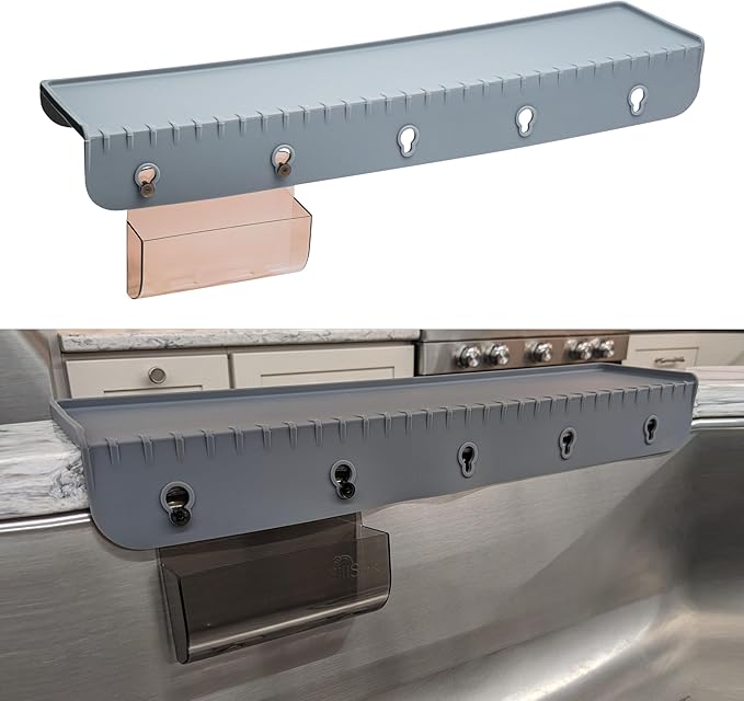 SiliProducts SiliSink XL Silicone Edge Guard for Kitchen Sink - Fits 3.75” - 4” Wide - The Original Silicone Sink Edge Protector with Sponge Caddy - Splash Guard, 20” Gray