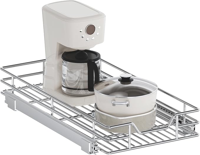 Pull Out Cabinet Organizer, 13.5" W x 18" D, Heavy Duty Chrome Slide Out Shelf for Base Cabinets, Sliding Wire Basket Drawer for Pantry Items, Bowls, Containers & Cleaning Supplies