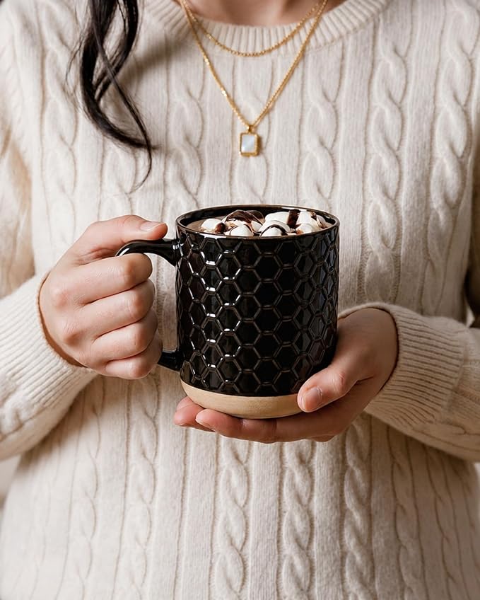 GBhome Large Coffee Mugs Set of 6, 16oz Handmade Stoneware Coffee Mugs Set with Large Handle for Cappuccino/Latte/Tea/Hot Cocoa, Dishwasher & Microwave Safe, Black