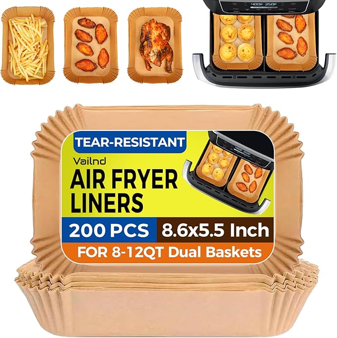 Air Fryer Liners Disposable for Dual Baskets, 200Pcs Rectangle Parchment Paper Liner for Ninja DZ201 DZ401, Chefman/COSORI 2-Basket Air Fryer, Oil Proof Baking Paper by Vailnd(8.6x5.5 Inch)