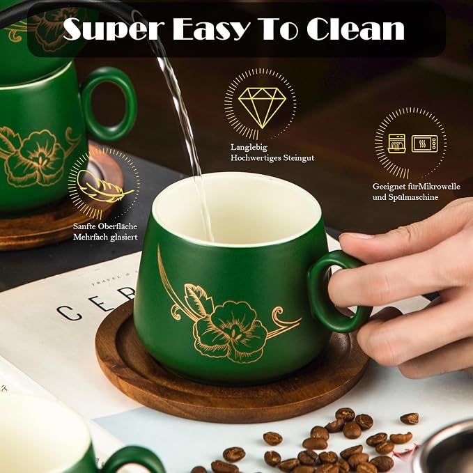 Yundu 10oz Cappuccino Cups & Wooden Saucers Set with Gold Floral Art, Latte Art Cup for Espresso, Coffee & Tea, Modern Matte Green Ceramic Tea Cup Set of 4