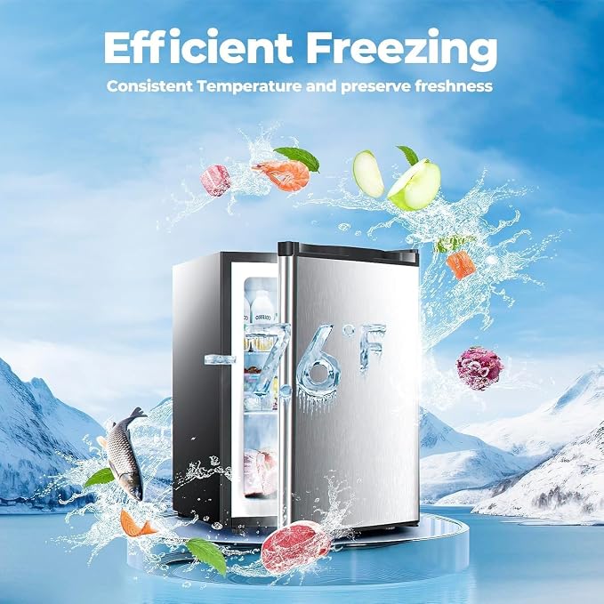 Electactic 2.1 Cu.ft Small Freezer, Mini Upright Freezer with 7 Adjustable Thermostat, Removable Shelves, Reversible Single Door, for Bedroom/Home/Dorms/Apartment (Silver)