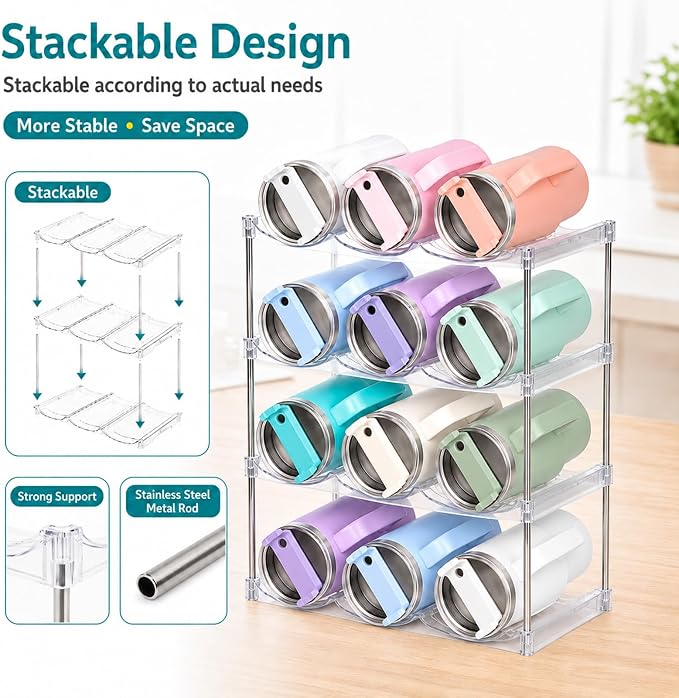 Stackable Water Bottle Organizer for Stanley 40 oz Tumbler, Large Compartment Water Bottle Holder for Cabinet, Clear Tumbler Organizer for Kitchen Countertop Pantry, 2 Pack
