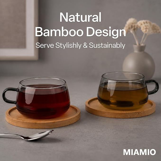 MIAMIO - 4x Glass Coffee/Tea Cups with Saucer (9.5 oz), Cappuccino Mugs/Tea Cup/Glass Mug for Coffee, Tea, Matcha, Latte, Coffee Cup with Saucer in a Set of 4 - Olea (Grey)
