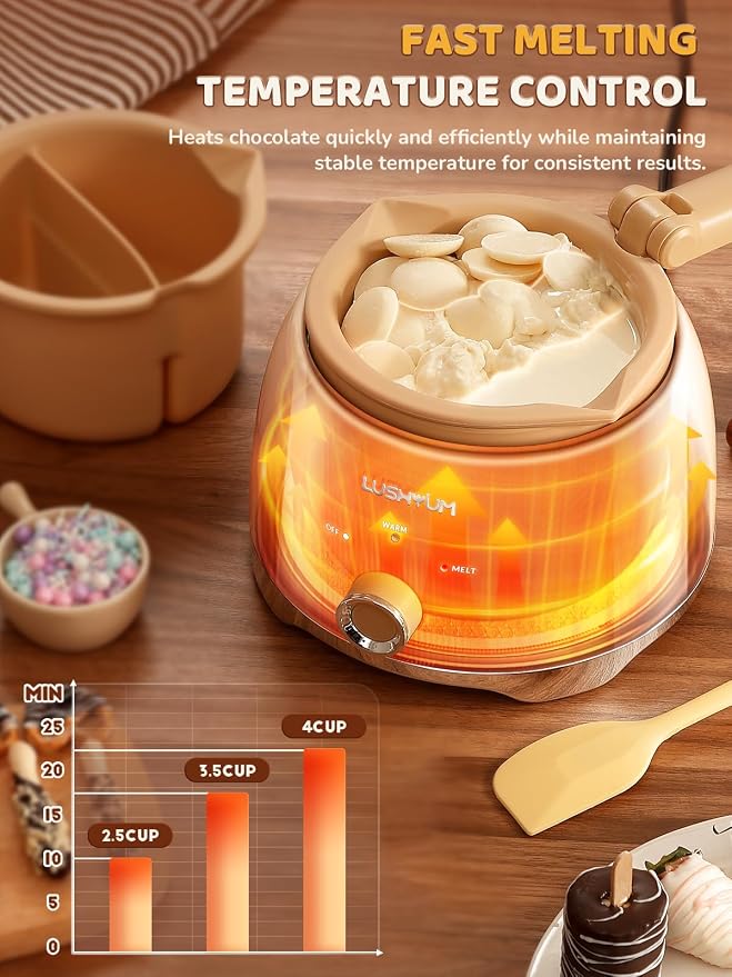 LUSHYUM Electric Chocolate Melting Pot with 2 Insert Pots, 4-Cup Chocolate | Even Heating & Fast Melting, BPA-Free Silicone, Easy Clean, Less Waste, Ideal for Chocolate & Candy Melts, Parties & Fondue