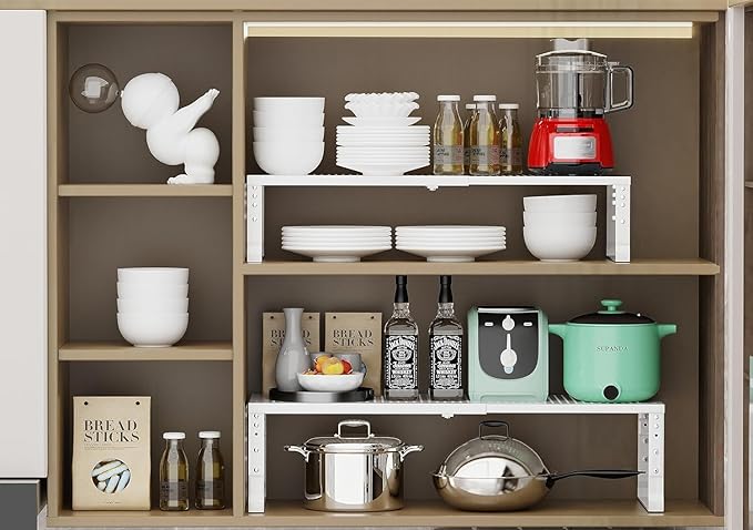 Jojocross Expandable Cabinet Shelf Organizer Storage Spice Rack Shelves for Kitchen Stackable Adjustable Pantry Cupboard Bathroom Countertop Desktop(1Pack/White/Large-with Hole)