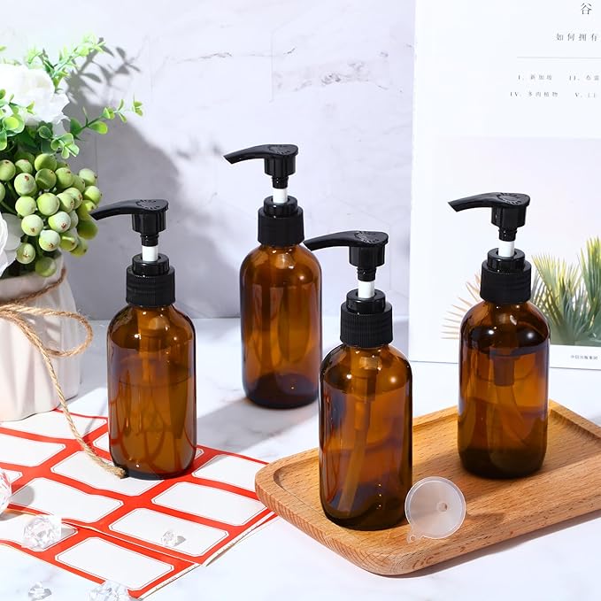 Tanlade 24 Pcs Glass Pump Bottle Dispenser 4 oz Travel Bottles with Pump Refillable Glass Containers for Toiletries Lotion Liquid Soap Shampoo Essential Oils Cosmetic Travel Accessories (Amber)