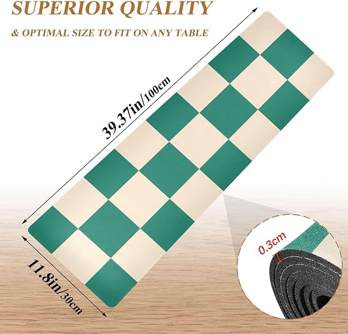 2 in 1 Table Runner Trivet for Hot Pots and Pans Heat Resistant Non Slip Waterproof 39 x 12 Inch Decorative Table Protector for Kitchen Countertop Checkered Emerald Green and Beige