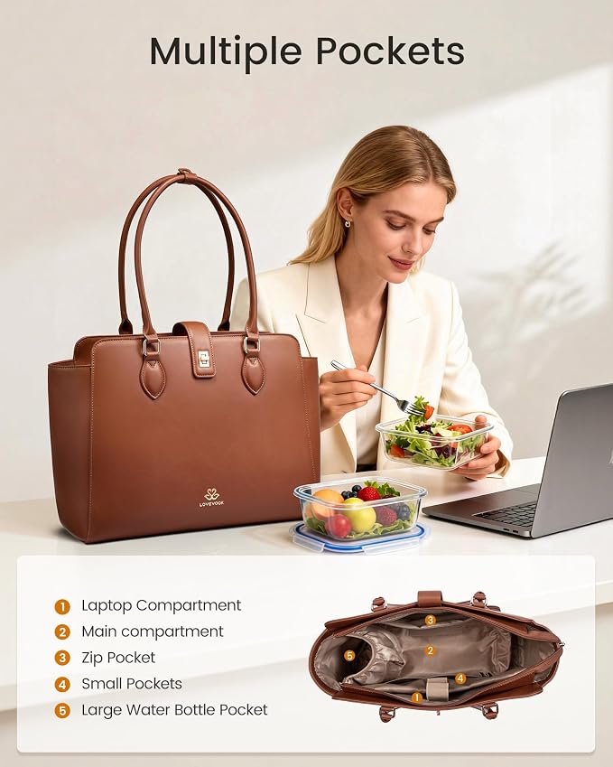 LOVEVOOK Lunch Tote Bag for Women, 2-in-1 Work Tote Bag with Lunch Compartment, Insulated Lunch Bag & 15.6 Inch Laptop Bag for Women, Ideal for Teacher, Nurse and Camping Use, Chestnut Brown