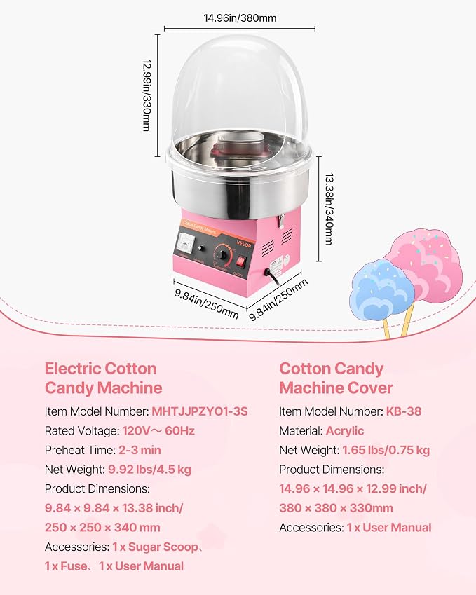 VEVOR Electric Cotton Candy Machine, 1000W Commercial Floss Maker With Cover, Commercial Cotton Candy Machine w/Stainless Steel Bowl & Sugar Scoop, Ideal for Carnival, Birthday, Family Party, Pink