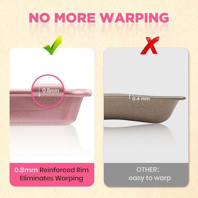 Professional Non-Stick Baking Sheets Set, 3-Piece Heavy Duty Carbon Steel Cookie Sheets with Oven Safe & Even Heating for Baking, Roasting, Cooking (Pink)