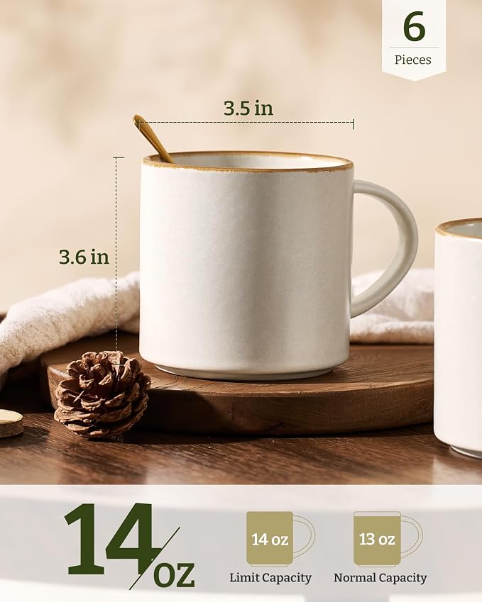 famiware Coffee Mugs Set of 6 Nebula 14oz Coffee Mugs, Ceramic Cup Set with Handle for Latte, Tea, Milk, Cappuccino, Cocoa, Matte Beige White with Brown Rim