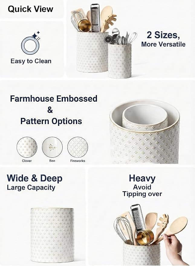LE TAUCI Kitchen Utensil Holder for Countertop - 7.1"+5.4" Ceramic Utensil Crock Set of 2, Large Cooking Utensil Organizer for Spatula, Spoon, Whisk - Farmhouse Storage, Embossed, Clover