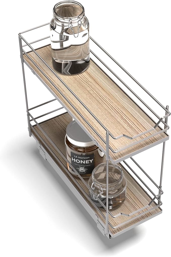 Home Zone Living Pull Out Kitchen Cabinet Organizer with 2 Tiers of Storage for Easy Access, 7.5”W x 20”D, Satin Nickel with Light Brown, Virtuoso Collection