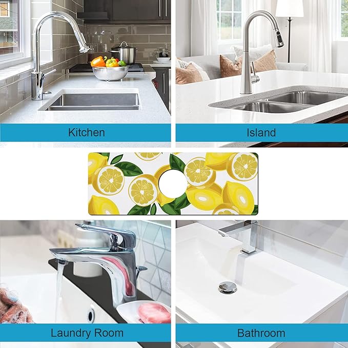 Kitchen Sink Splash Guard Faucet Mat Super Absorbent Fast Drying Mat Sink Gadgets Splash Guard Behind Faucet Drip Catcher for Kitchen (Lemon-1, 15x5.5in)