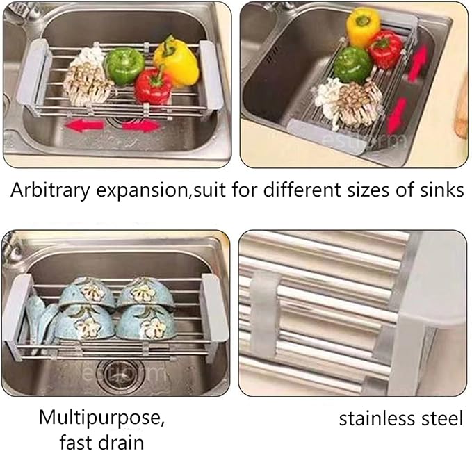 Draining rack Drain Basket Expandable Dish Drying Rack Over Sink Stainless Steel Dish Basket Drainer With Adjustable Arms Functional Kitchen Sink Strainer Basket