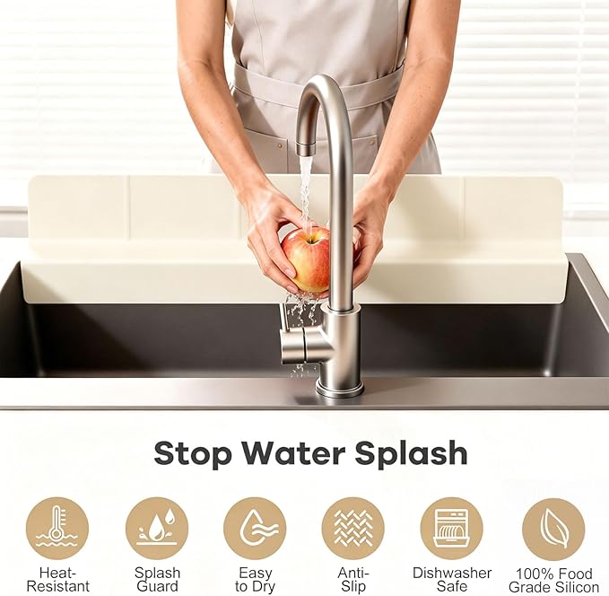 Sink Splash Guard with Suction Cups, 23", Silicone Water Guard for Kitchen & Bathroom, Faucet & Countertop Protector, Easy Install, Dishwasher Safe, Cream