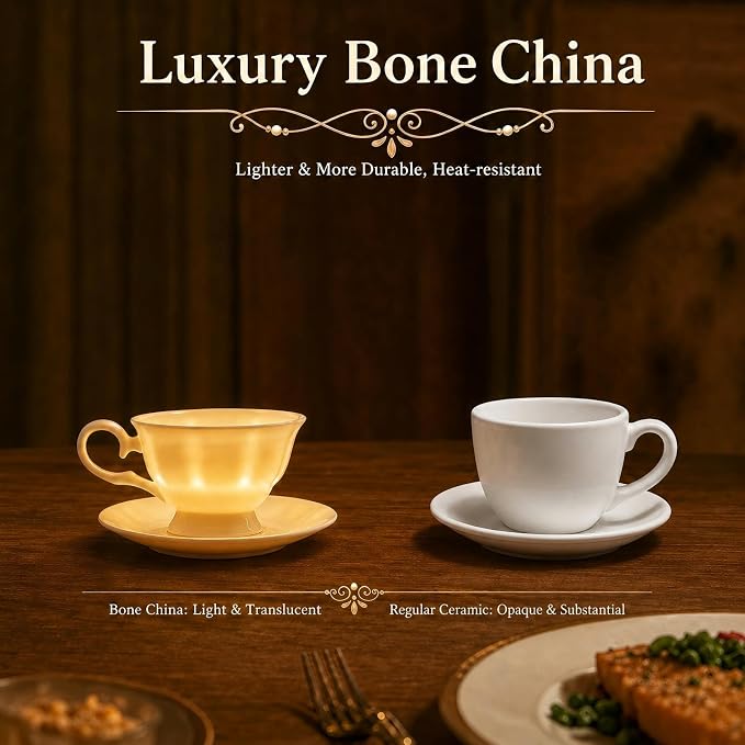Fine Bone China Tea Cups and Saucers Set of 4, 4 Oz Vintage British Royal Style Espresso Coffee Cups for Afternoon Tea, Latte, Cappuccino, Elegant Gift
