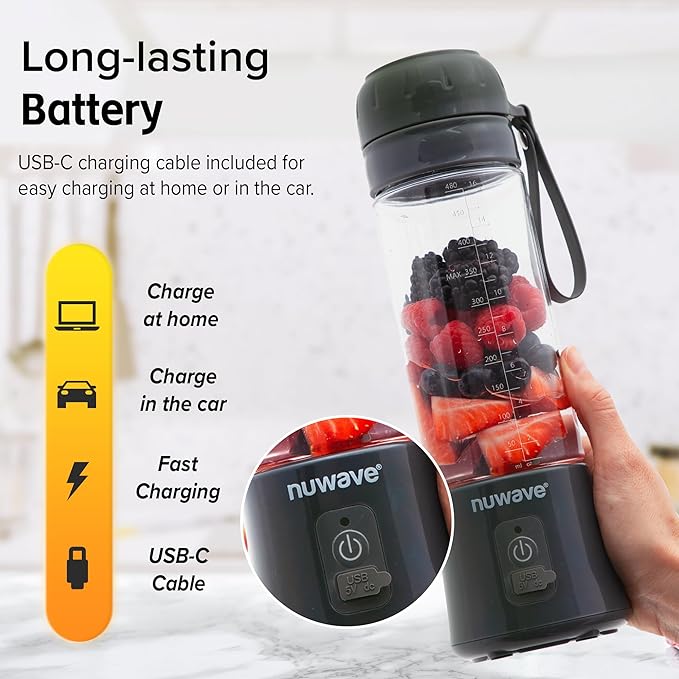 Nuwave 16OZ On-the-Go Personal Blender, Lightweight & Portable Blender for Shakes and Smoothies, 6 Blades, USB Rechargeable, Leak-Proof Lid, BPA-Free, Self-Cleaning, for Gym, Kitchen, Office