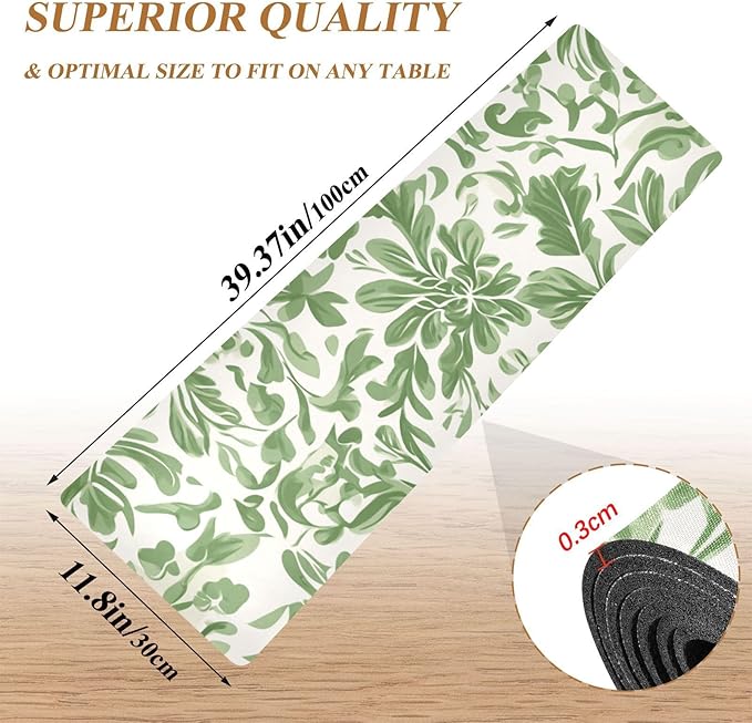 2 in 1 Table Runner Trivet for Hot Pots and Pans Heat Resistant Non Slip Waterproof 39 x 12 Inch Decorative Table Protector for Kitchen Countertop Green Vintage Flower Bohemian