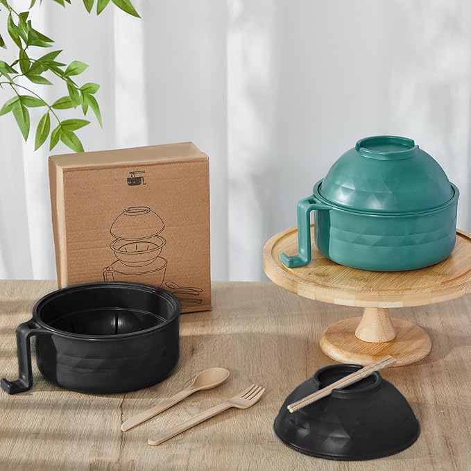 2 Sets Microwave Ramen Bowl 40 oz Wheat Fiber Portable Instant Noodle Cooker Bowl with Handles Strainer Spoon Chopstick Fork College Dorm Room Apartment Essentials(Black,Dark Green)
