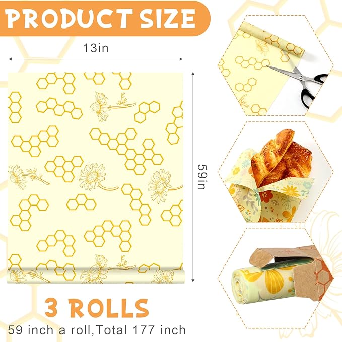 3 Rolls Beeswax Wraps for Food 13'' x 59'' Bees Wax Wraps Reusable Bees Beeswax Storage Wrap for Food Sustainable Honeycomb Floral Organic Cotton Wrap for Bread Sandwich Cheese Fruit