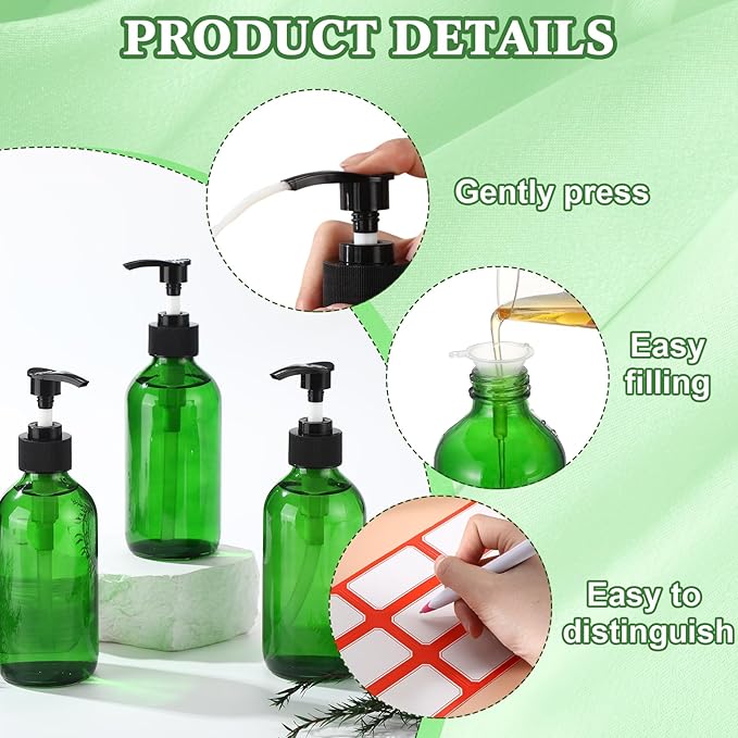 Tanlade 24 Pcs 8 oz Glass Pump Bottle Empty Bottle Glass Soap Dispenser with Pump Refillable Containers and Labels Funnels for Essential Oils Cleaning Products Lotions Conditioner(Green)