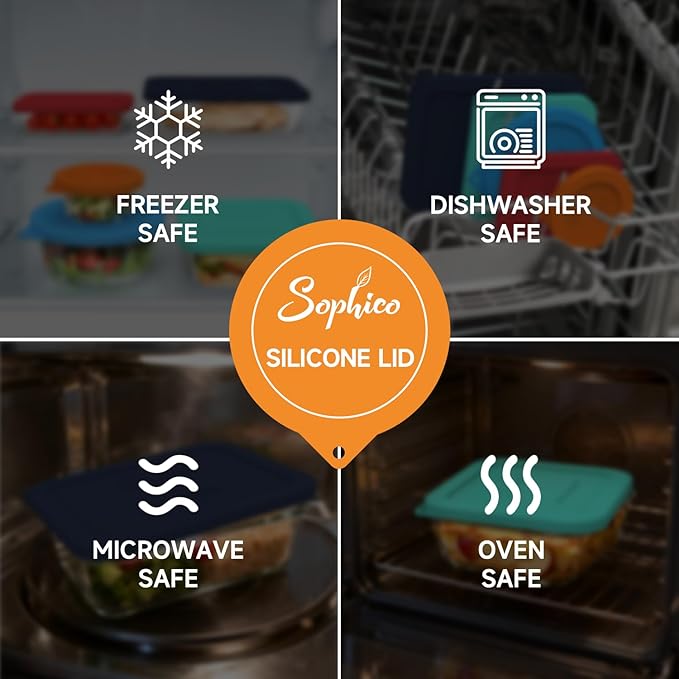 Sophico 7-Pack Silicone Lids for Pyrex Freshlock and SNAPWARE Glass Bowls - Airtight, Leakproof, Freezer/Dishwasher/Microwave Safe Replacement Rectangle Covers（Glass bowls not included）
