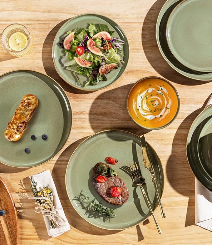 TheTerra Ceramic Dinnerware Sets for 8, 24 Pieces Porcelain Lightweight Plates and Bowls Sets, Scratch Resistant Dish Set, Oven & Microwave & Dishwasher Safe, Sage Umber