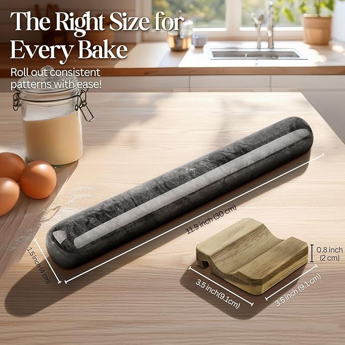 Flexzion French Rolling Pin, 12 Inch Black Marble Rolling Pins for Baking with Wooden Base Holder Stand - Non-Stick Baking Roller for Baking Fondant, Crust, Pastry, Cookies, Pizza, Pasta