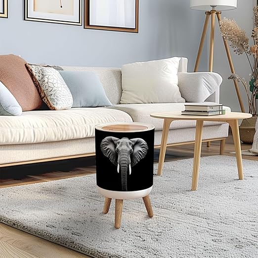 Trash Can with Lid Monochrome Portrait Elephant Press Top Round Small Garbage Bin with Wooden Legs Waste Basket for Kitchen Bedroom Nursery 7L/1.8 Gallon