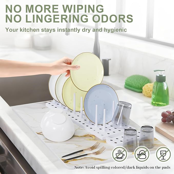 Large Stone Drying Mat for Kitchen Counter, 24" × 16" Diatomite Dish Drying Mat, Ultra Absorbent Diatomaceous Earth Dry Stone Mats with Dish Rack for Dished, Bottles, White Marble