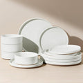 Stoneware Dinnerware Sets for 4, 12-Piece High Edge Plates and Bowls with Speckled Glaze & Spiral Design - Chip & Scratch Resistant, Microwave & Dishwasher Safe - Farmhouse, White