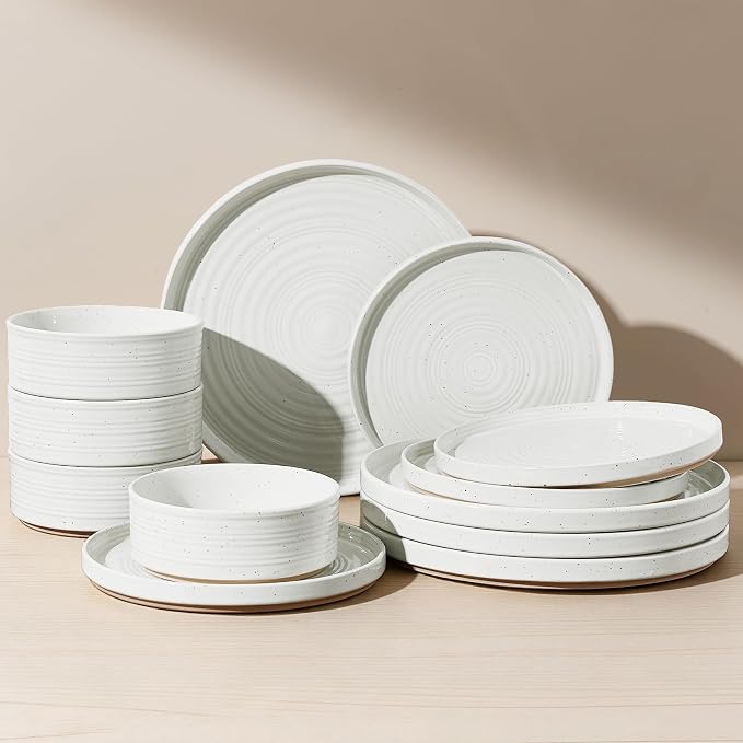 Stoneware Dinnerware Sets for 4, 12-Piece High Edge Plates and Bowls with Speckled Glaze & Spiral Design - Chip & Scratch Resistant, Microwave & Dishwasher Safe - Farmhouse, White