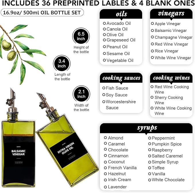 Olive Oil Dispenser Bottle for Kitchen, 16.9oz /500ml Cooking Vinegar Dispenser Bottle Set, Glass Sauce Container, Labels, Brush, Funnel, Stoppers, Green for Oil, Wine