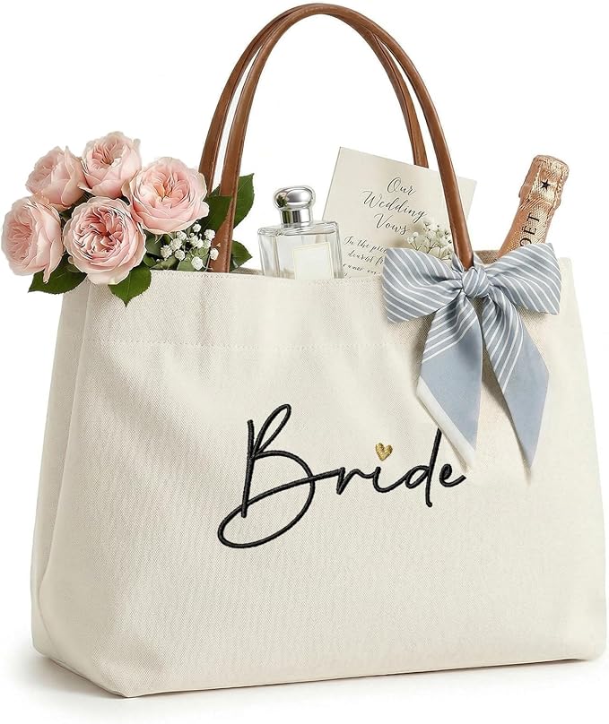 Bride Tote Bag, Embroidered Canvas Wedding Essential Tote, Bridal Shower Engagement Bachelorette Beach Bag