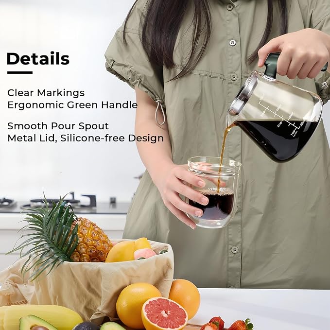 Aquach 28oz Pour Over Coffee Maker, Borosilicate Glass Carafe with Filter | Dishwasher Safe, 304 Stainless Filter, Green Handle, Refrigerator Safe, Coffee Lover Gift