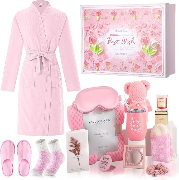 Sieral 14 Pcs Birthday Gifts for Women Care Blanket Gifts Set Spa Baskets Get Well Soon Gift Baskets Mother's Day Gift for Women Mom Her Girlfriend Sister Daughter Friend Wife Grandma(Plain,Pink)