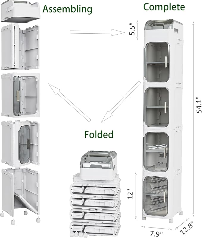 BINSIO 5-Tiers Slim Bathroom Organizers and Storage, Bathroom Counter Organizer, Toilet Paper Storage, Foldable Organizer Storage Cabinet, Portable Laundry Room Organization, Plastic White Clear Doors