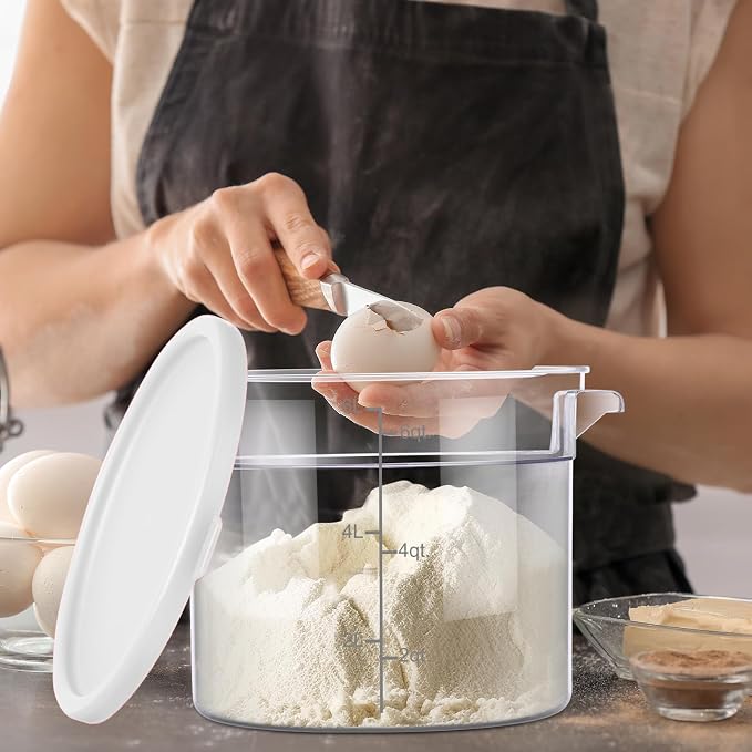 Suclain 4 Set 6 Quart 4 Qt Round Food Storage Containers with Lids Clear Proofing Container for Dough Bread with Scale Handle Home Restaurant Commercial Food Storage(White)