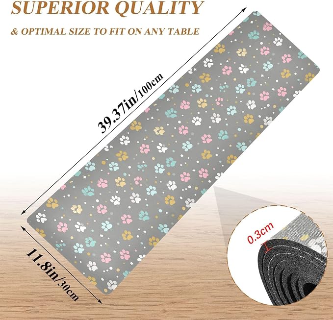 2 in 1 Table Runner Trivet for Hot Pots and Pans Heat Resistant Non Slip Waterproof 39 x 12 Inch Decorative Table Protector for Kitchen Countertop Paw Print Dots Stars Grey