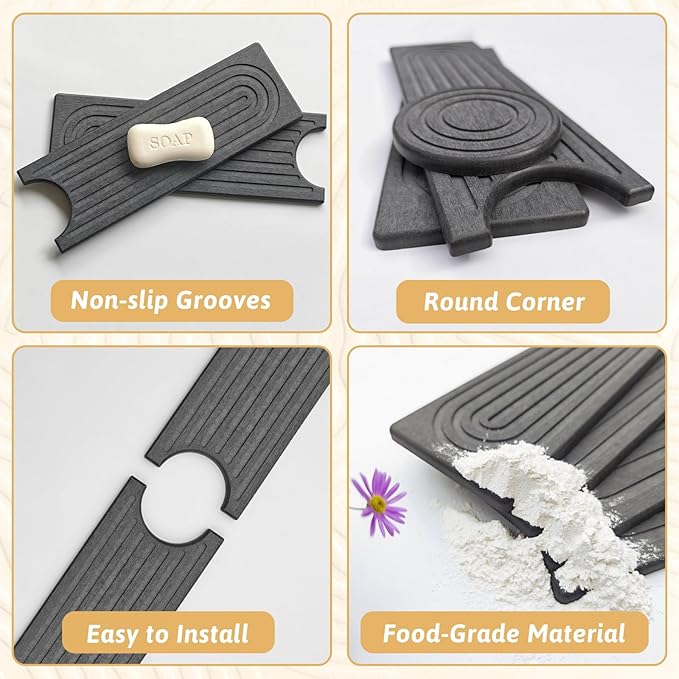 Faucet Mat for Kitchen Sink, 24'' Long Diatomite Sink Protector Splash Guard Draining Mat, Quick Drying Stone Sink Tray, Water Absorbent Soap Sponge Holder for Bathroom, Women Birthday Gift, Dark Gray
